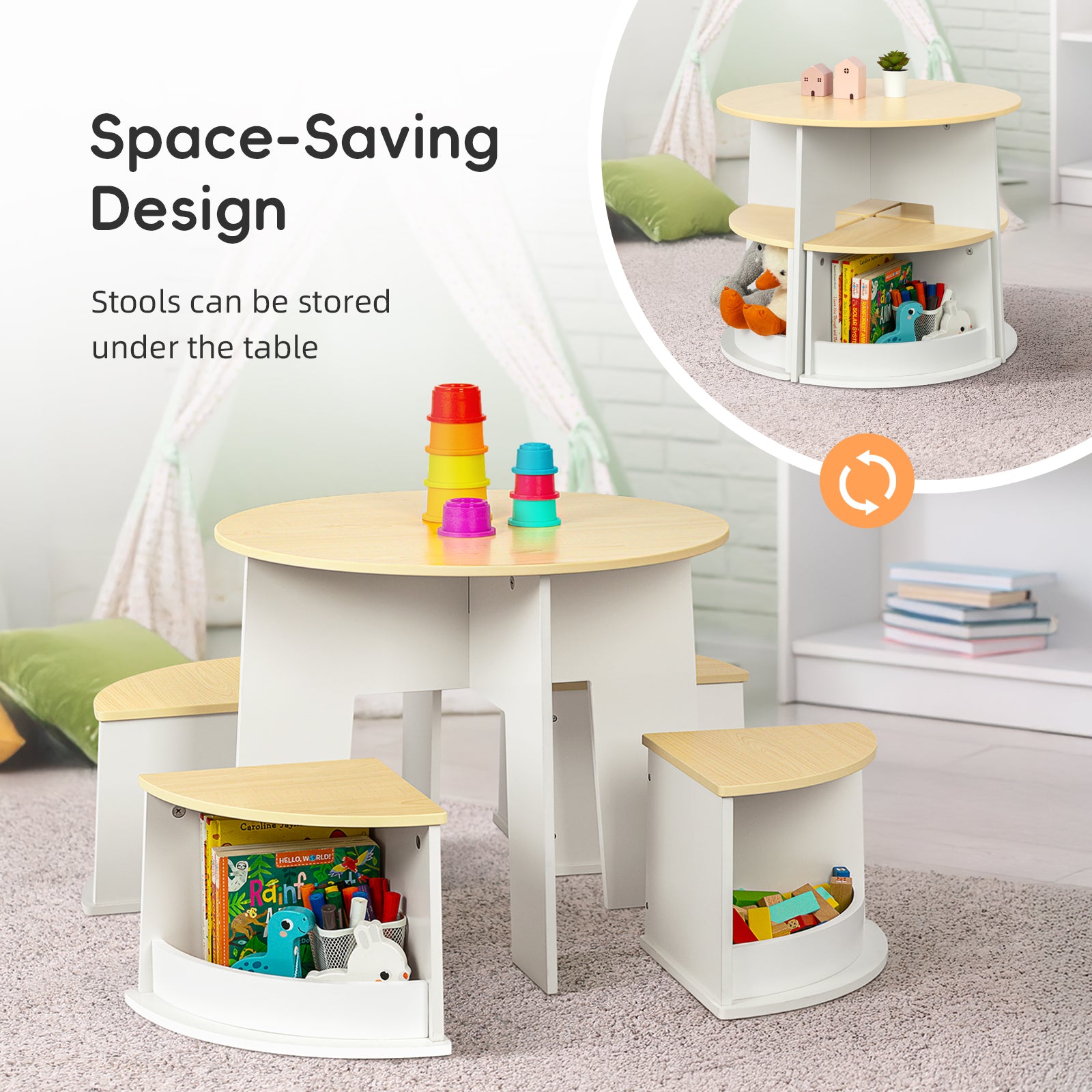 OOOK Toddler Table and Chair Set, Wooden Round Table with 4 Storage Stools
