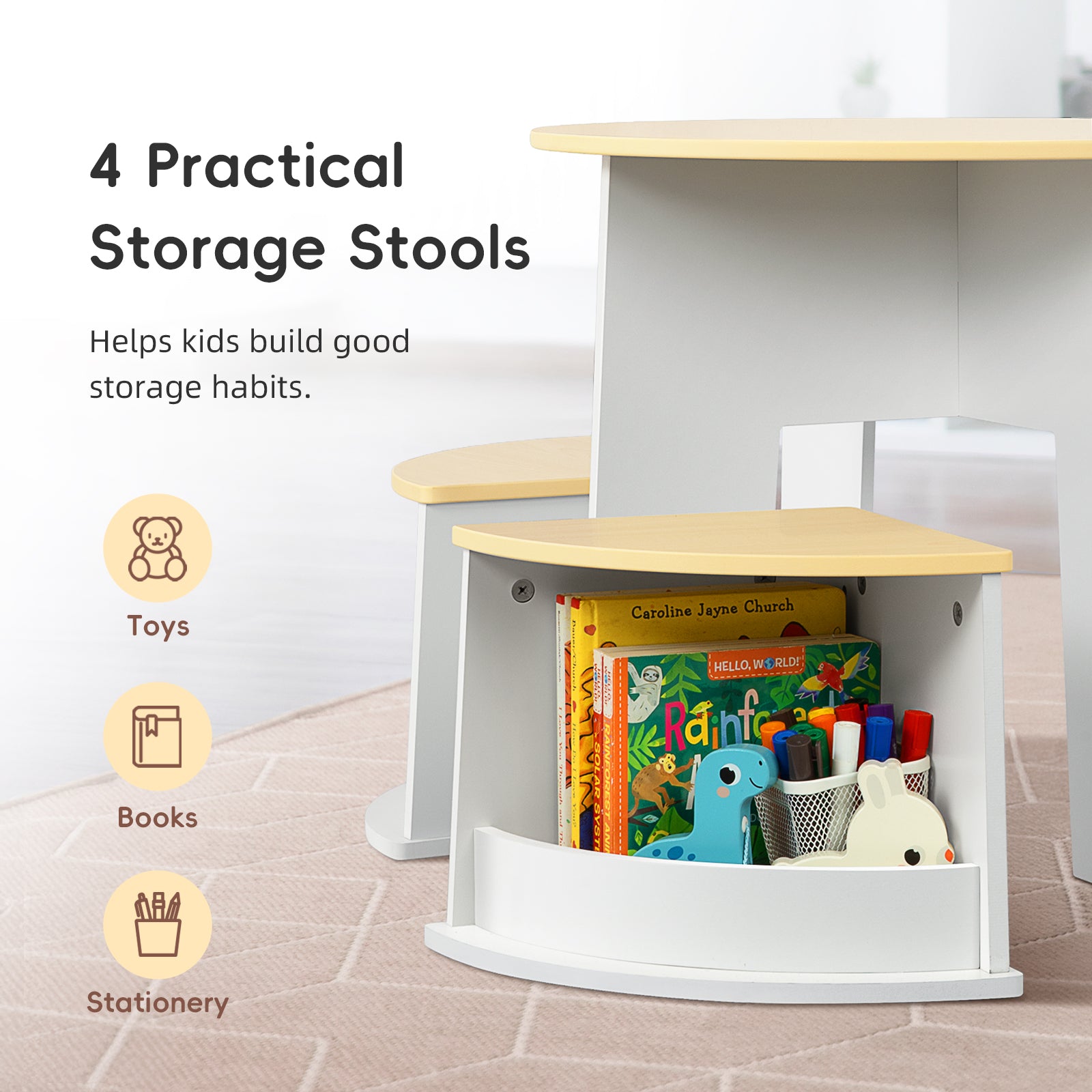 OOOK Toddler Table and Chair Set, Wooden Round Table with 4 Storage Stools