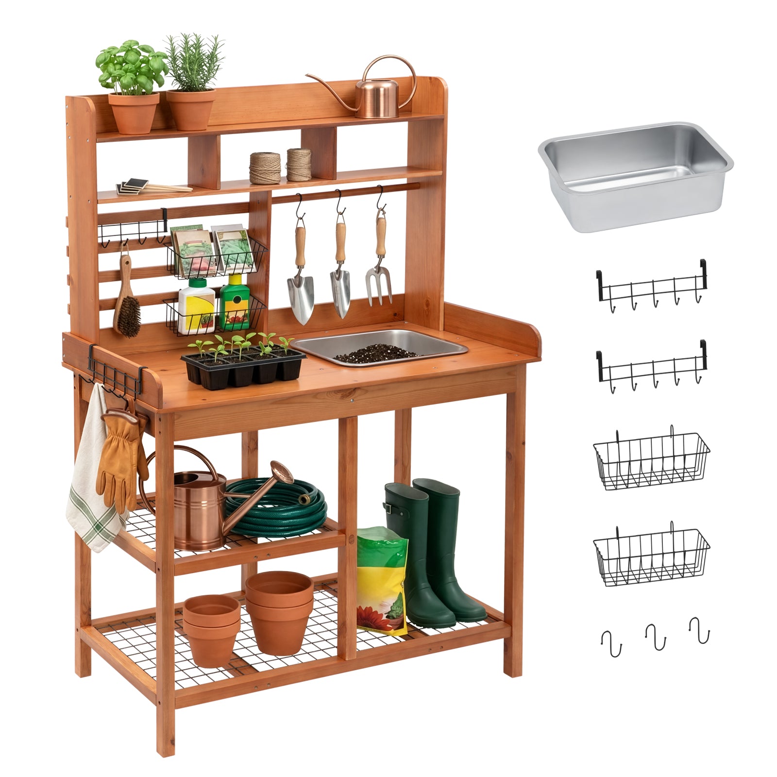 OOOK Adults Potting Bench, Nordic Scots Pine Potting Table with Removable Sink