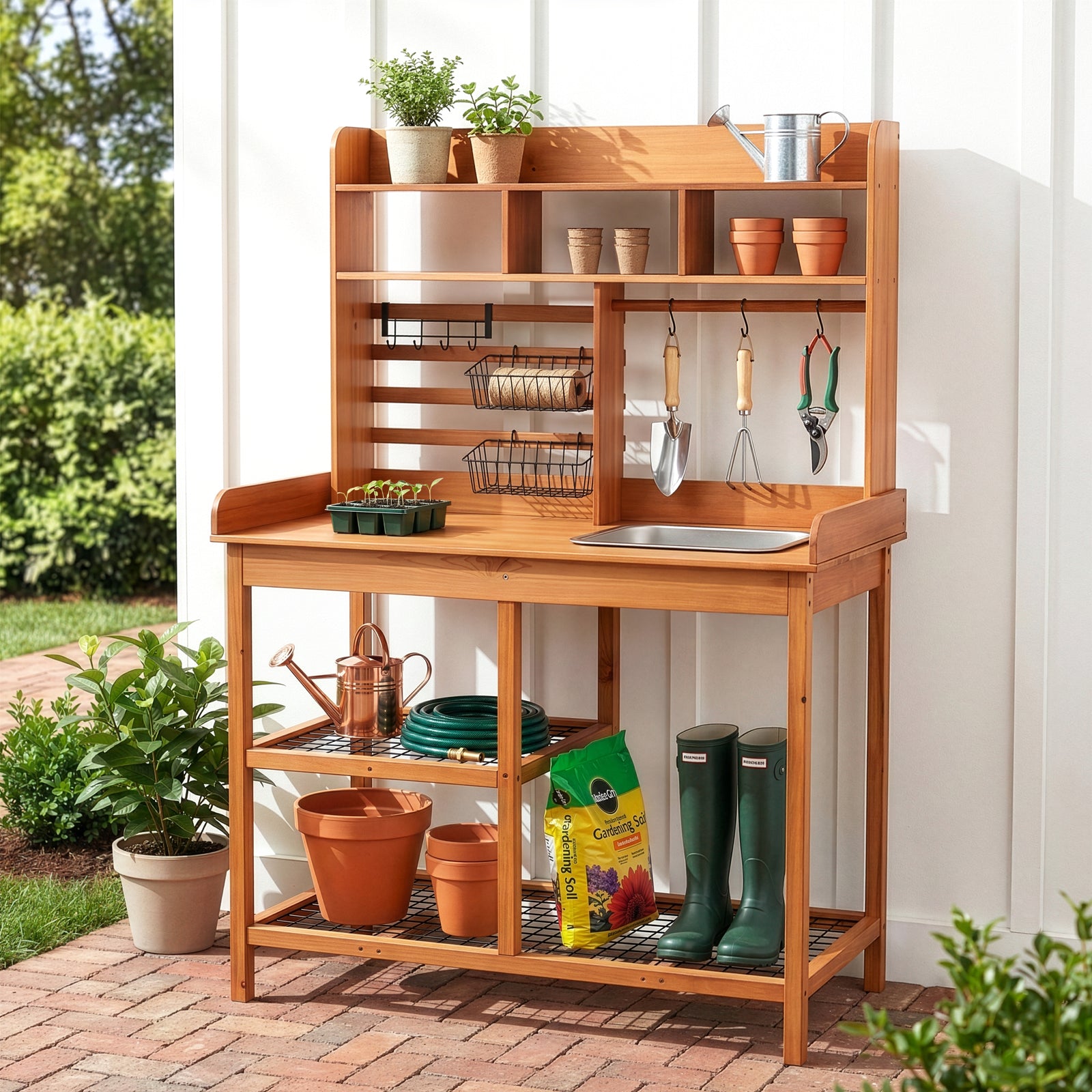 OOOK Adults Potting Bench, Nordic Scots Pine Potting Table with Removable Sink