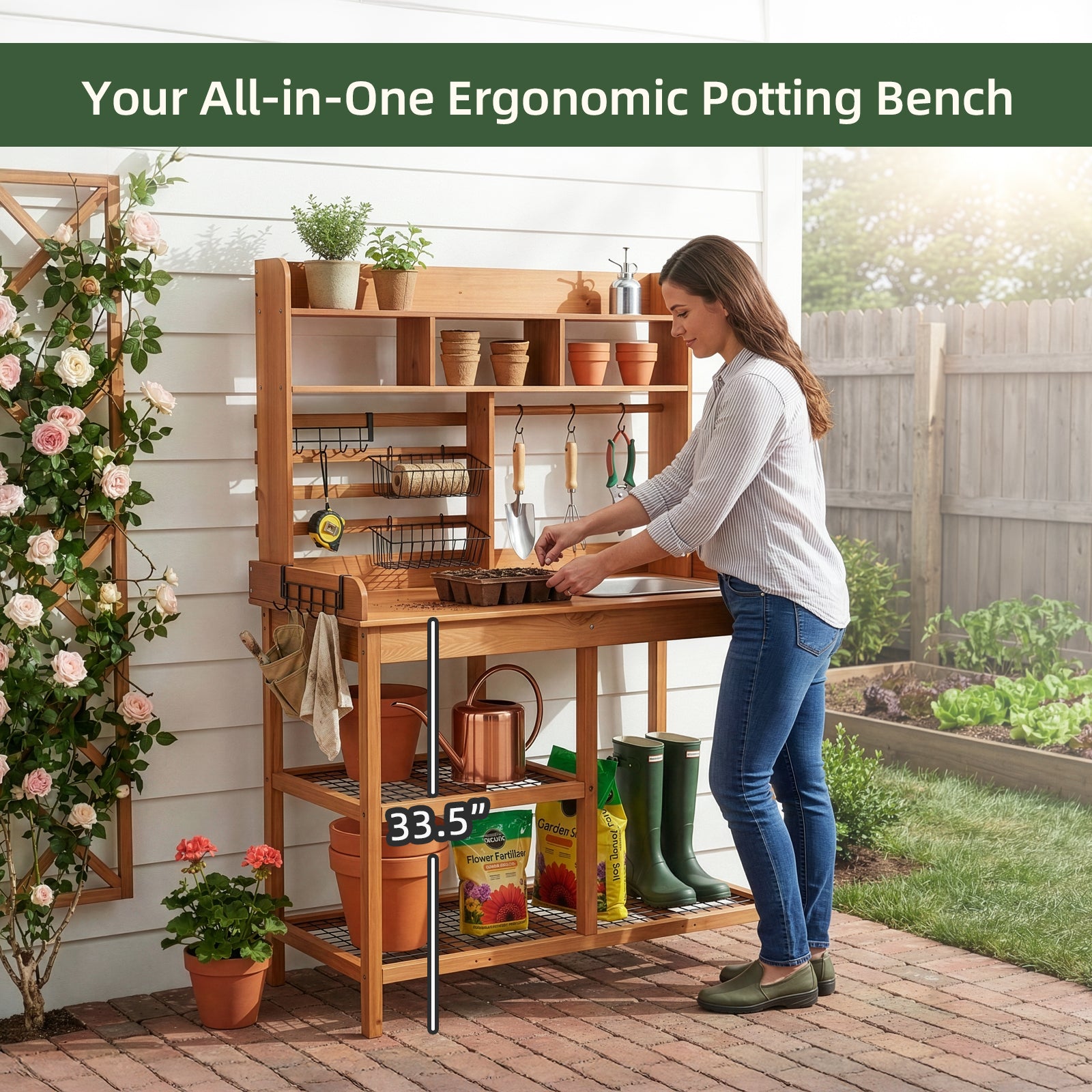 OOOK Adults Potting Bench, Nordic Scots Pine Potting Table with Removable Sink