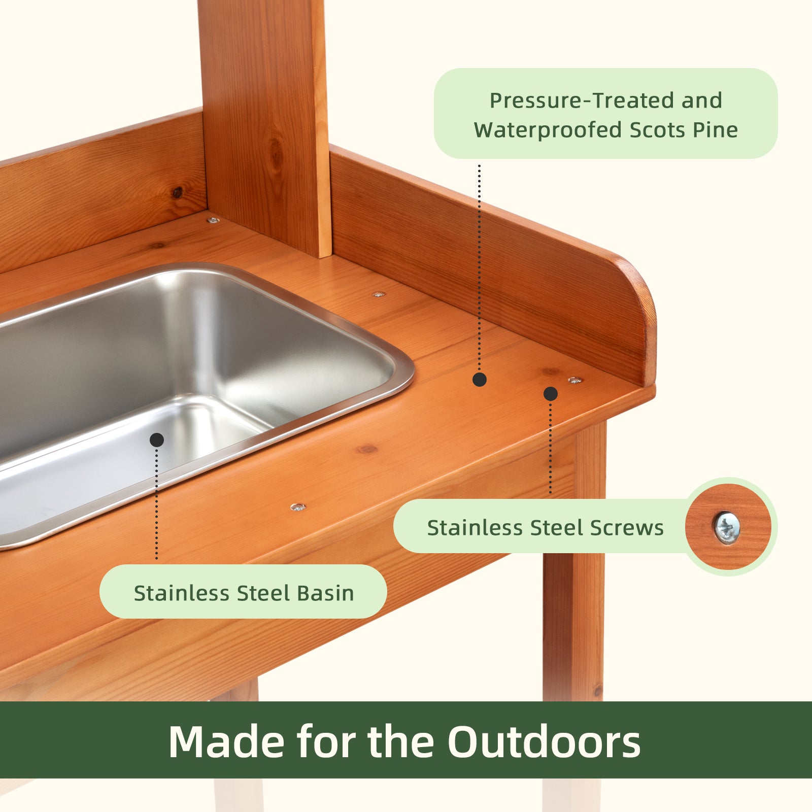 OOOK Adults Potting Bench, Nordic Scots Pine Potting Table with Removable Sink