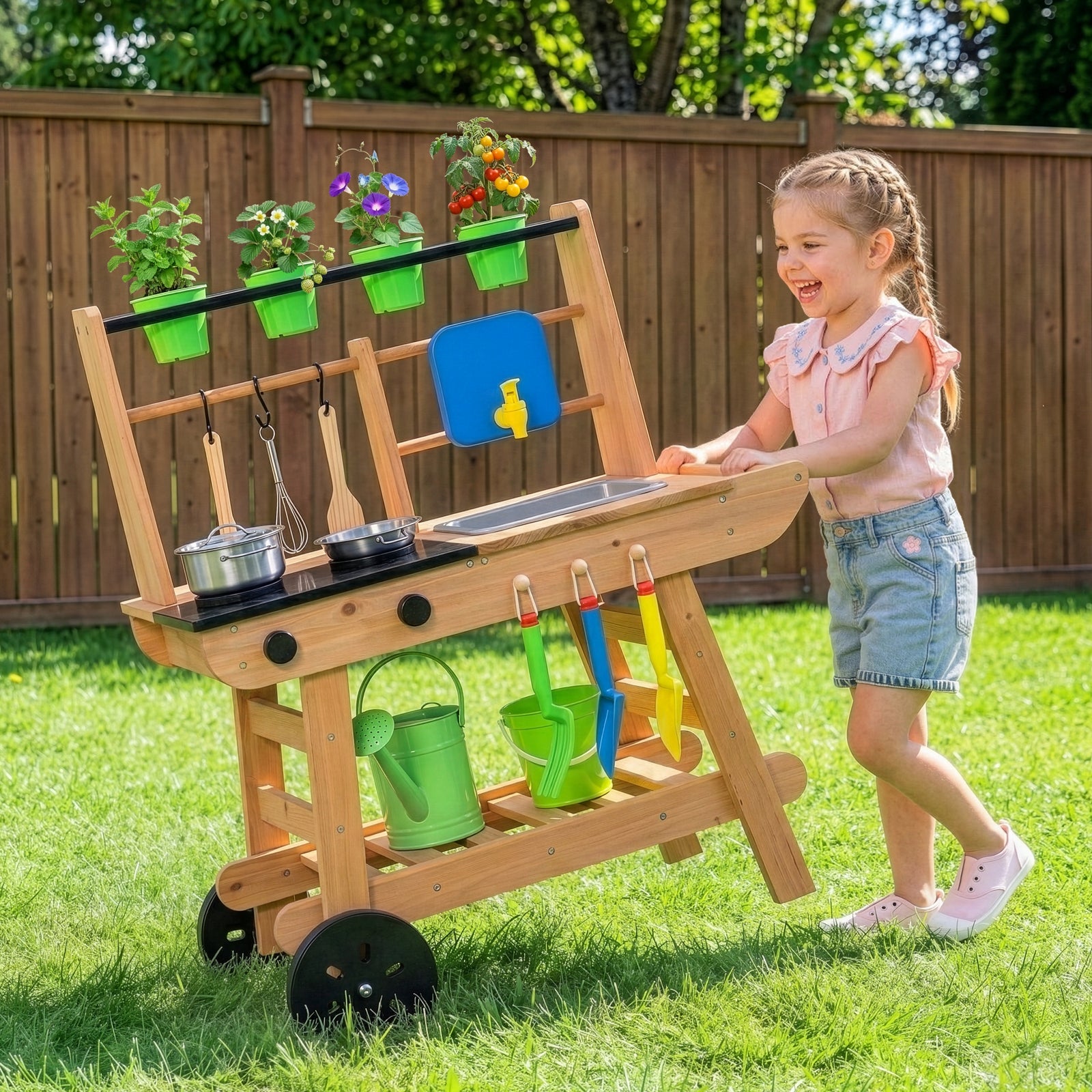 OOOK Kids Mud Kitchen with Wheels,Wooden Outdoor Play Kitchen