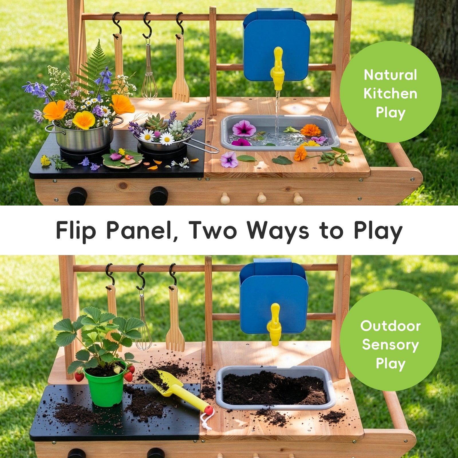 OOOK Kids Mud Kitchen with Wheels,Wooden Outdoor Play Kitchen