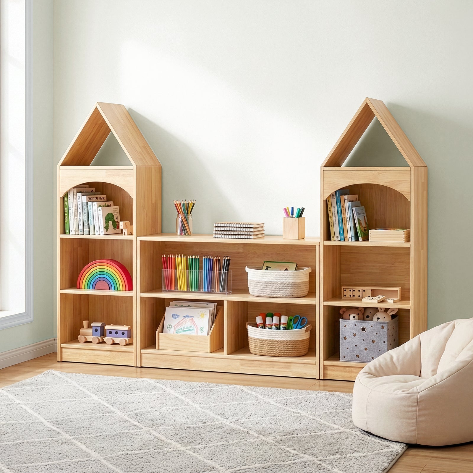 OOOK Rubber Wood 3-Compartment Montessori Shelf