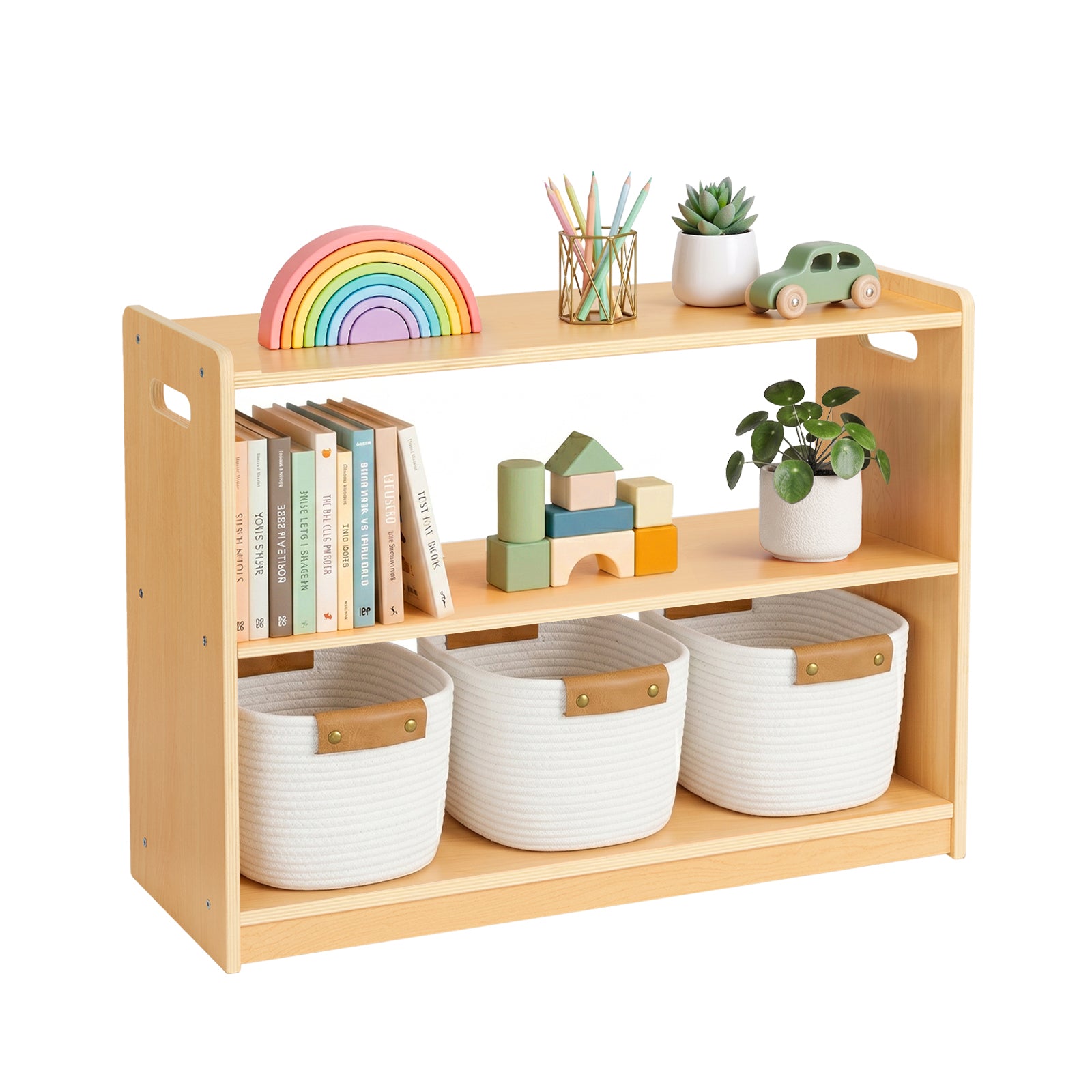 OOOK 2-Tier Plywood Montessori Bookshelf, Double-Sided Toy Organizers and Storage