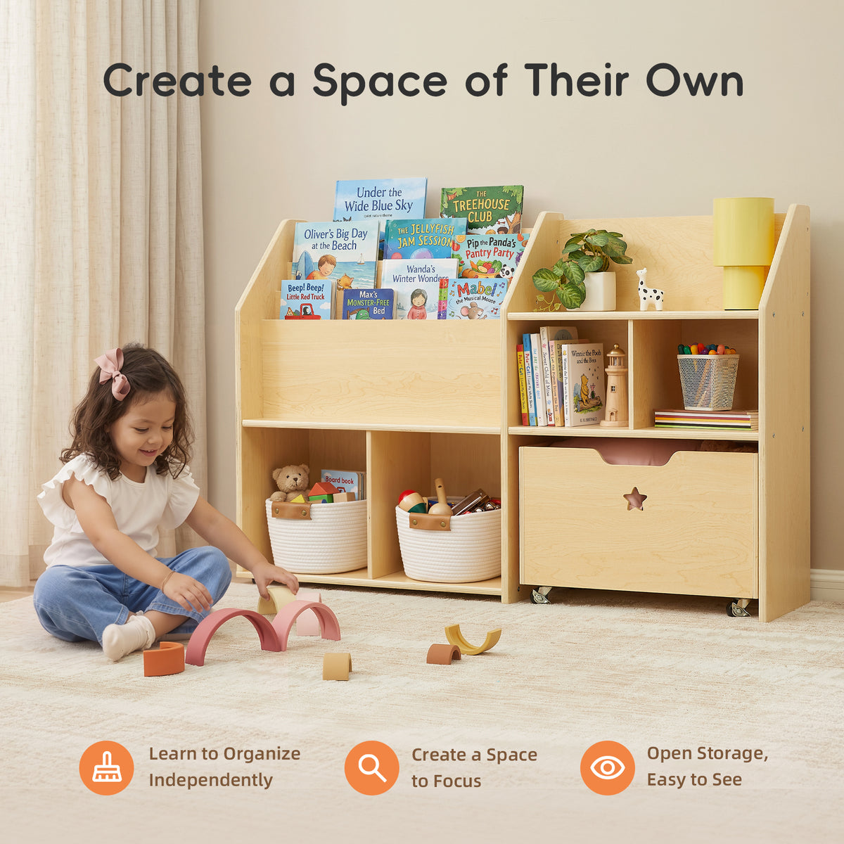 OOOK Plywood Large Montessori Shelf and Toy Storage Organizer with Wood Rolling Bin