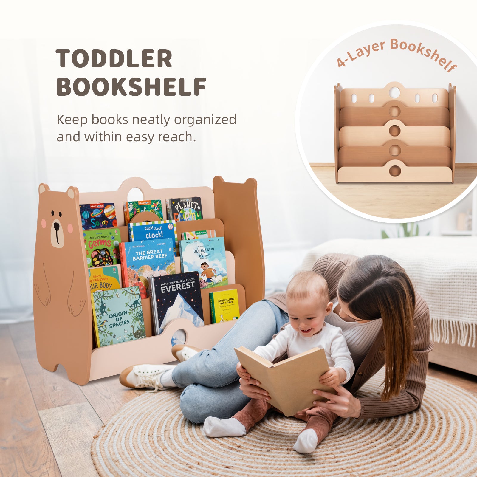 Solid Wood Pine Montessori Bookshelf