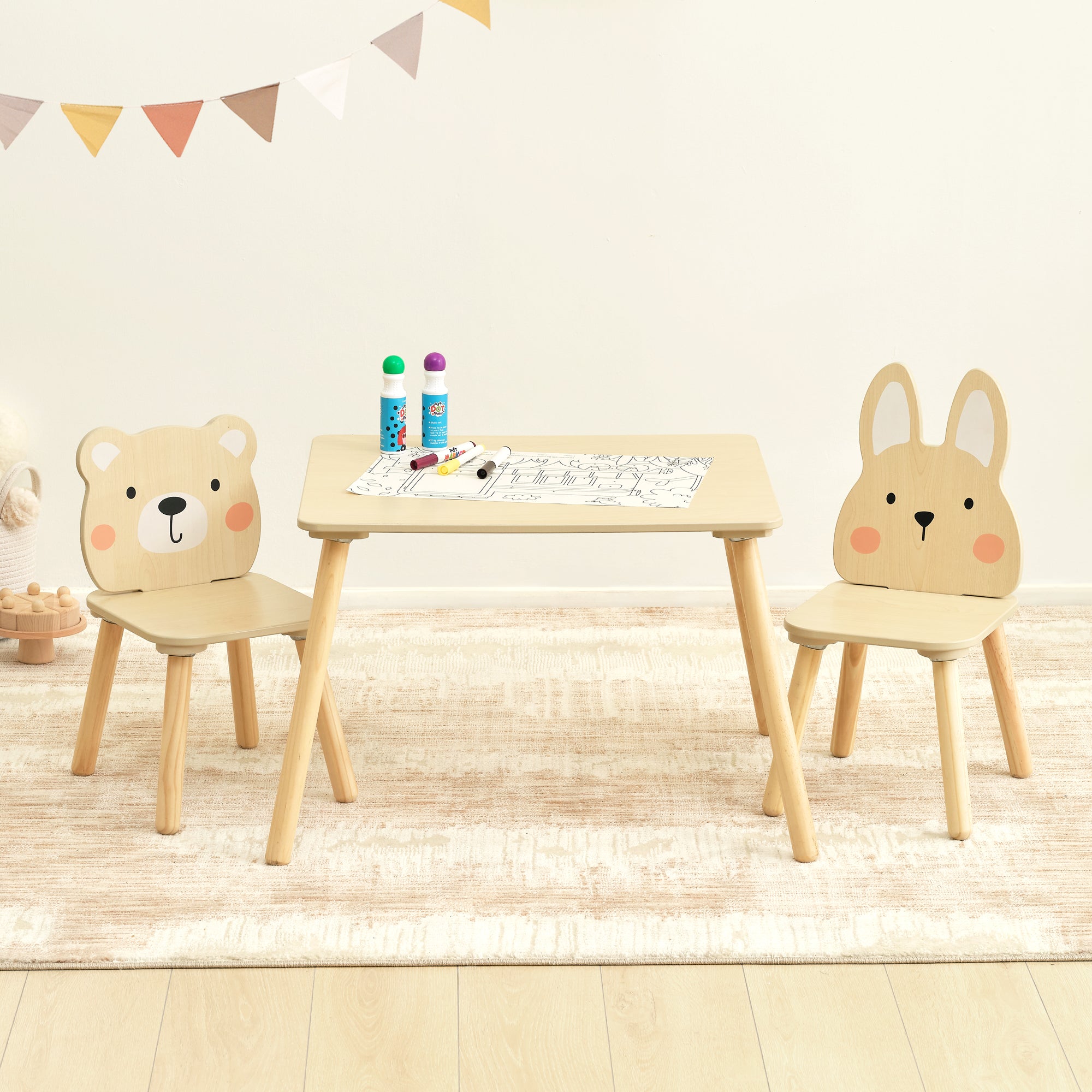 OOOK Wooden Kids Table set, Cute Todder table with 2 Animal Chairs