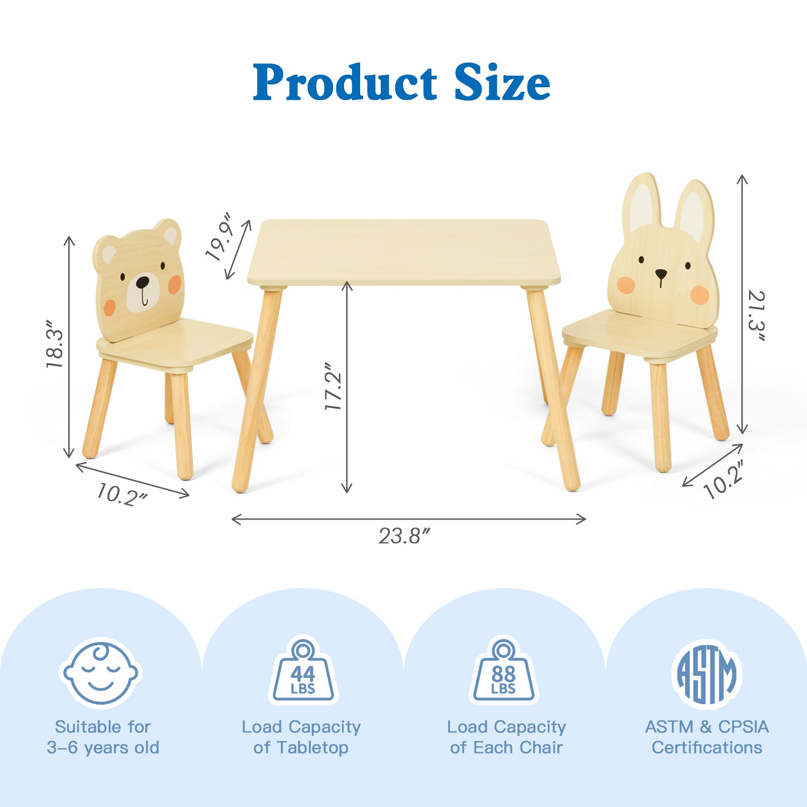 OOOK Wooden Kids Table set, Cute Todder table with 2 Animal Chairs