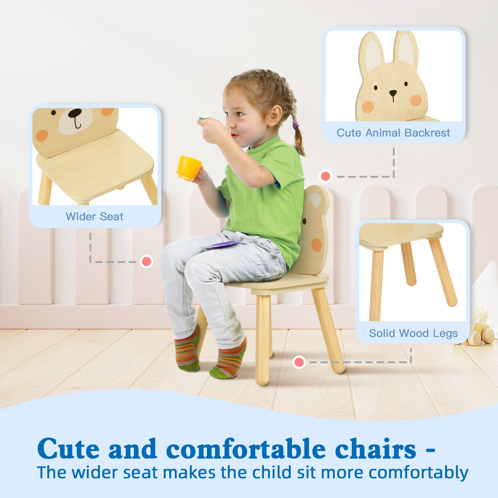 OOOK Wooden Kids Table set, Cute Todder table with 2 Animal Chairs