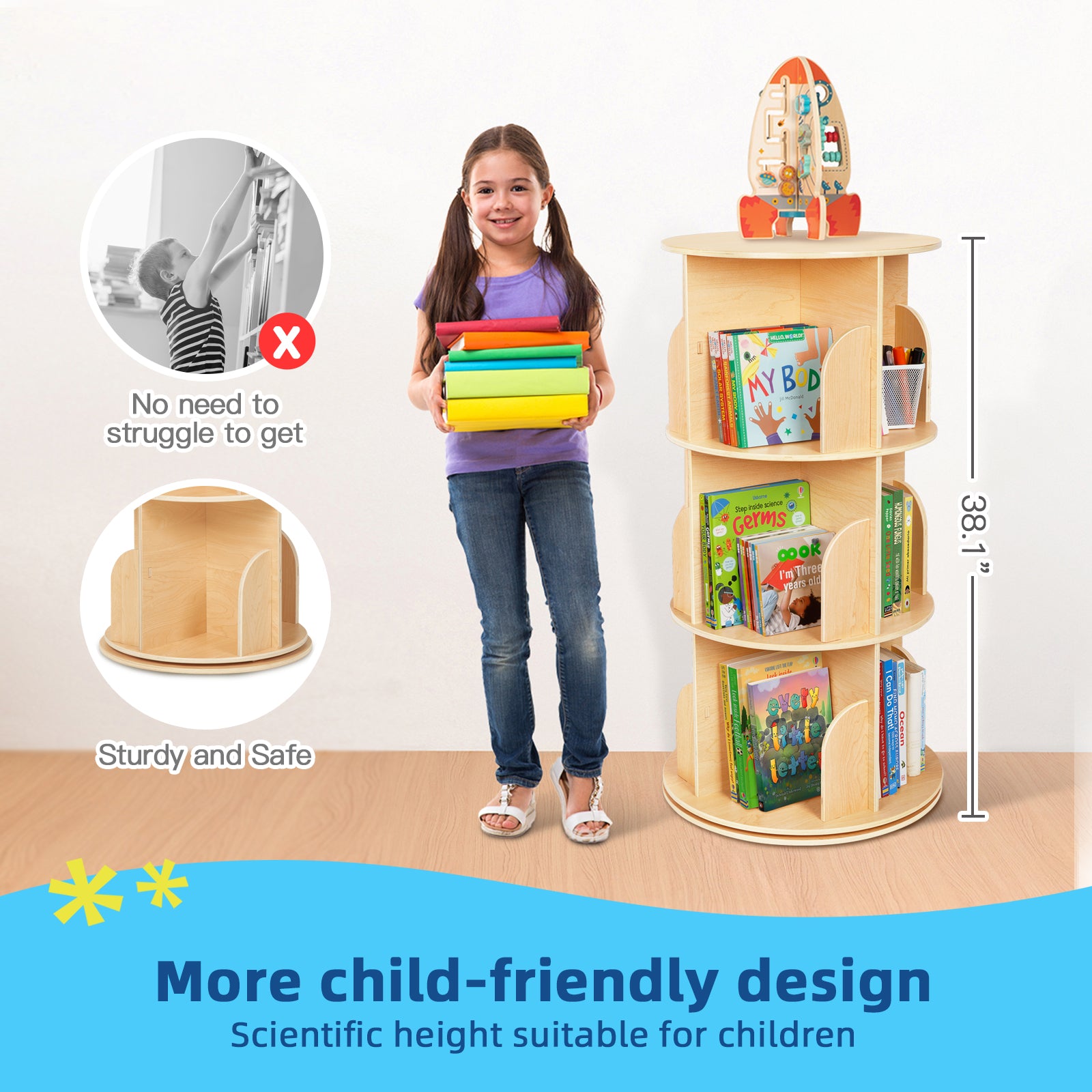 OOOK Kids Rotating Bookshelf,Small Corner Bookshelf,Standing Bookcase
