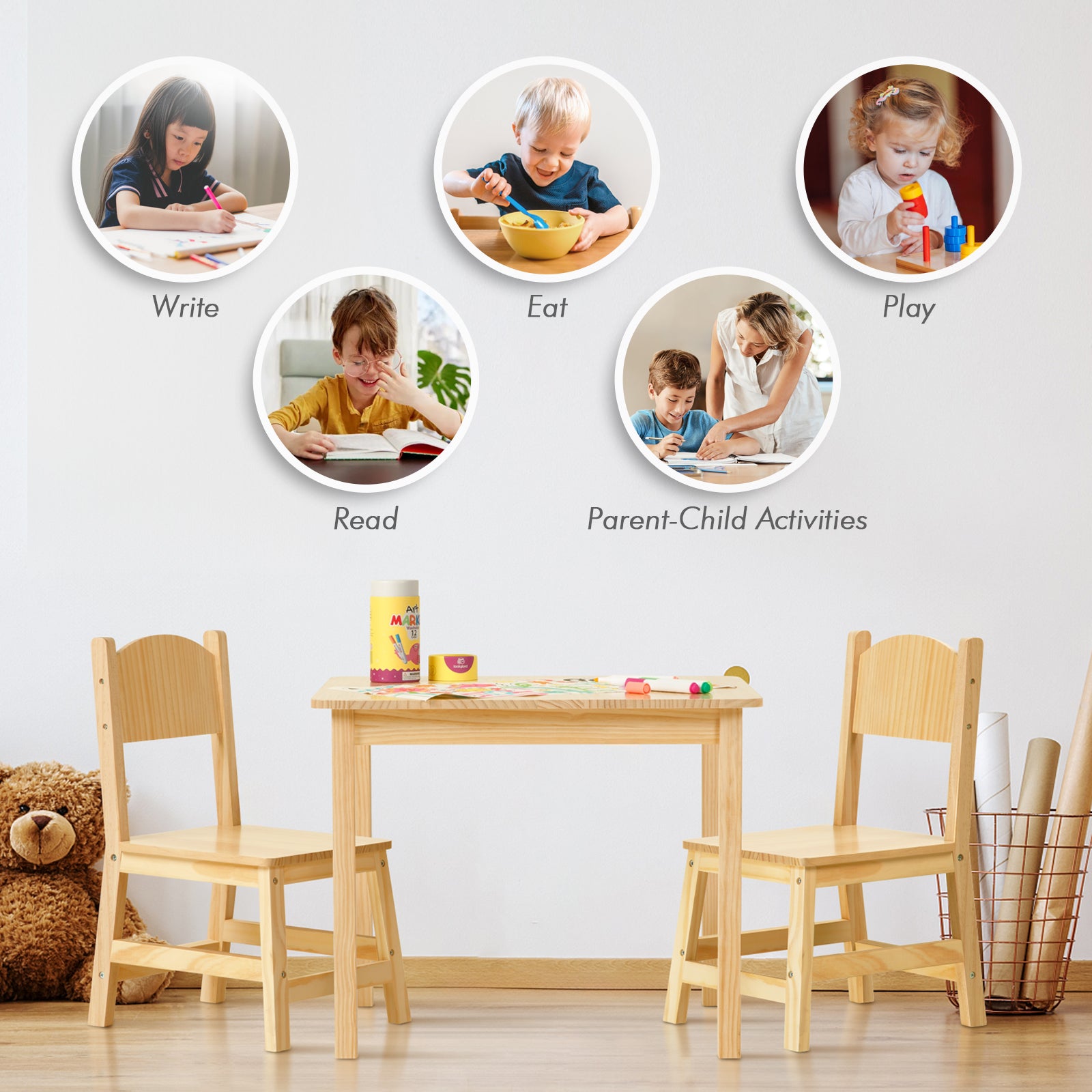 OOOK Solid Wood Kids Table and Chair Set