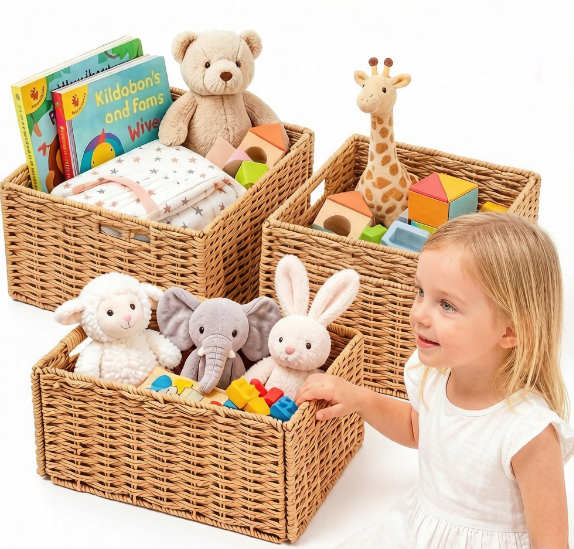 Set of 3 Foldable Wicker Storage Baskets with Handles, Natural Organizer Bins for Shelves