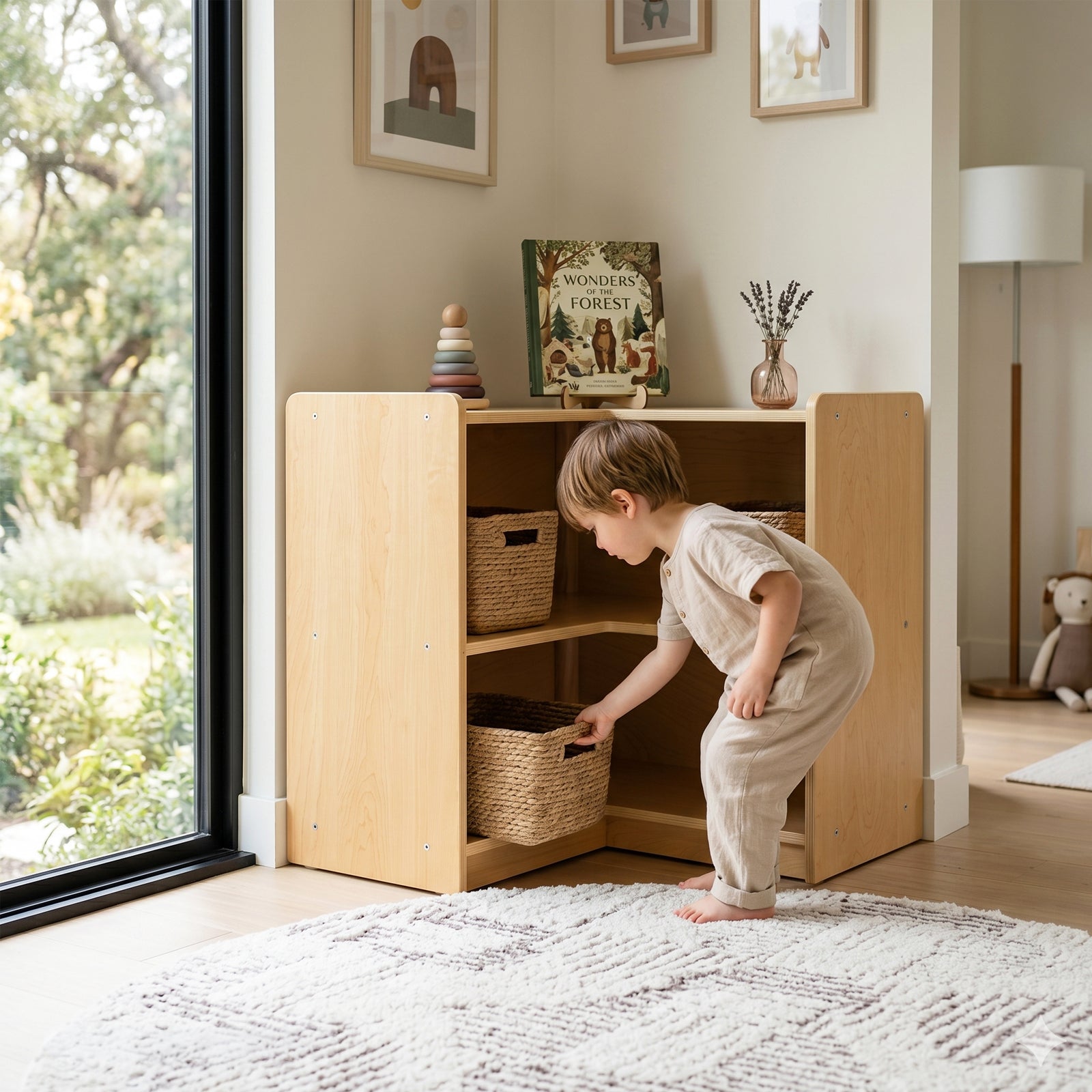 OOOK Plywood L-Shape Montessori Bookshelf for Compact Corner Space