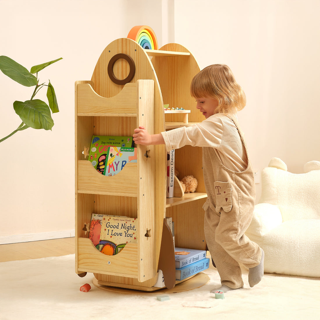 Rocket Rotating Bookshelf for Kids, 360 Display Spinning Bookshelf Tower