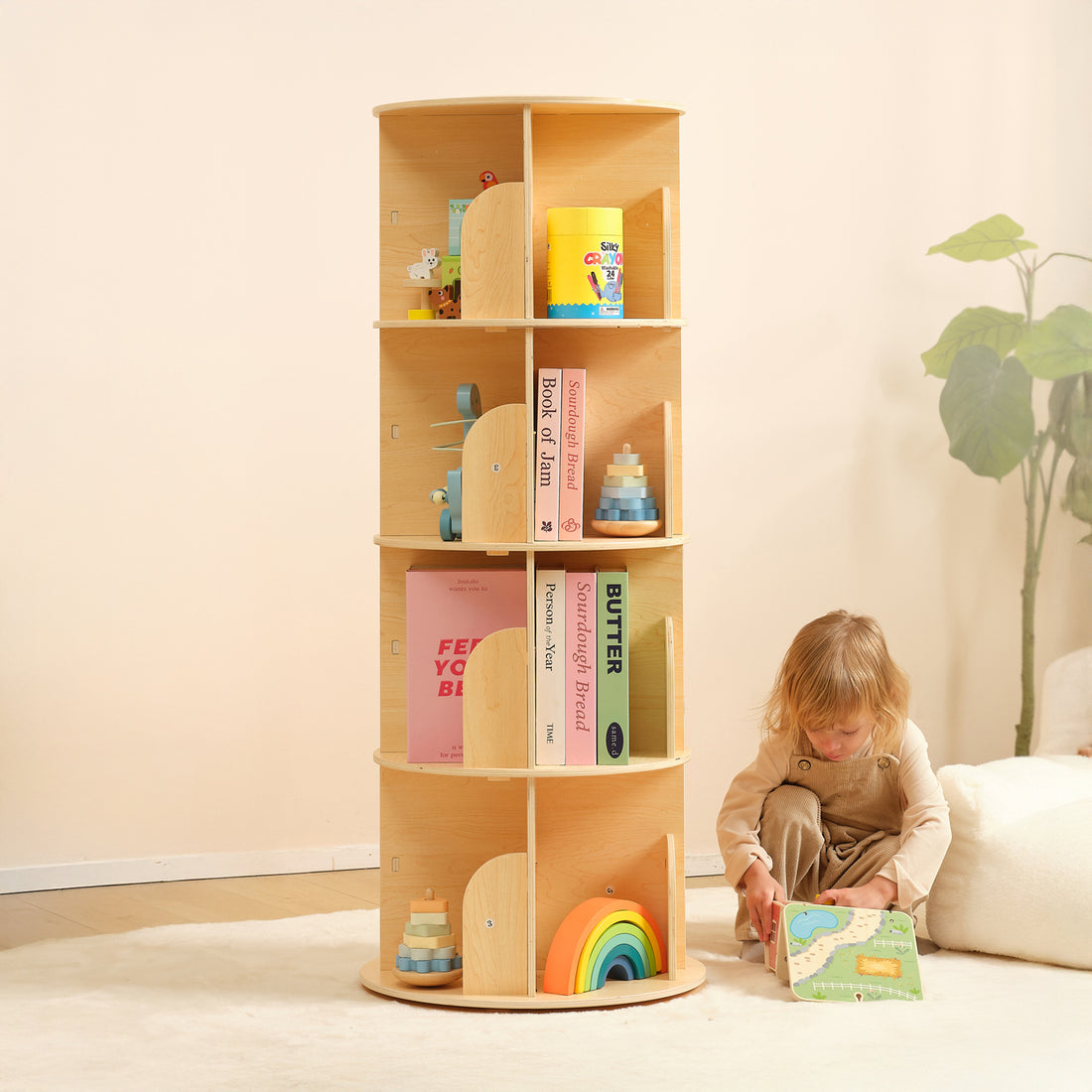 Wood Rotating Bookshelf for Kids, Spinning Bookshelf Tower