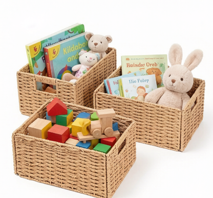 Set of 3 Foldable Wicker Storage Baskets with Handles, Natural Organizer Bins for Shelves