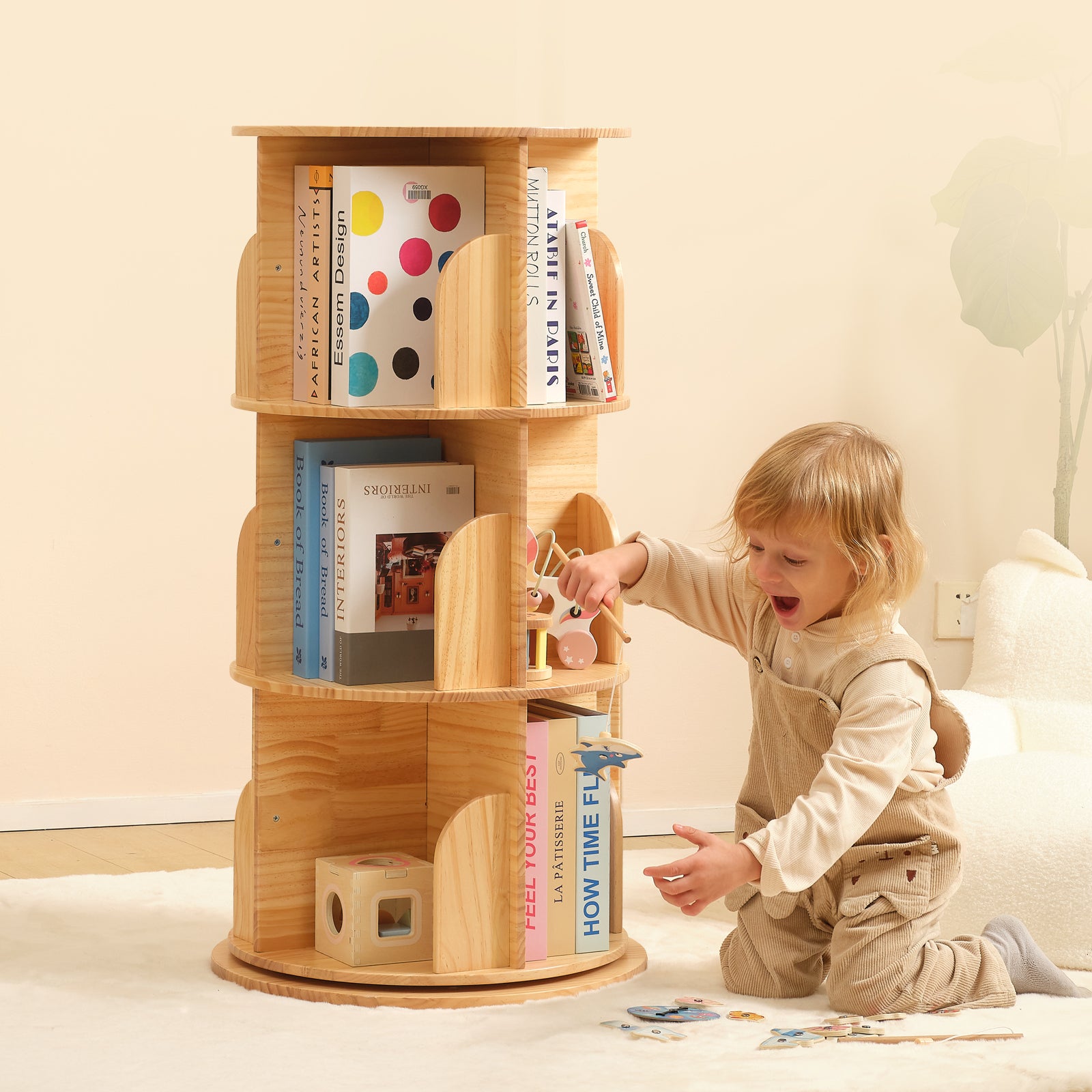 Solid Wood Rotating Bookshelf for Kids