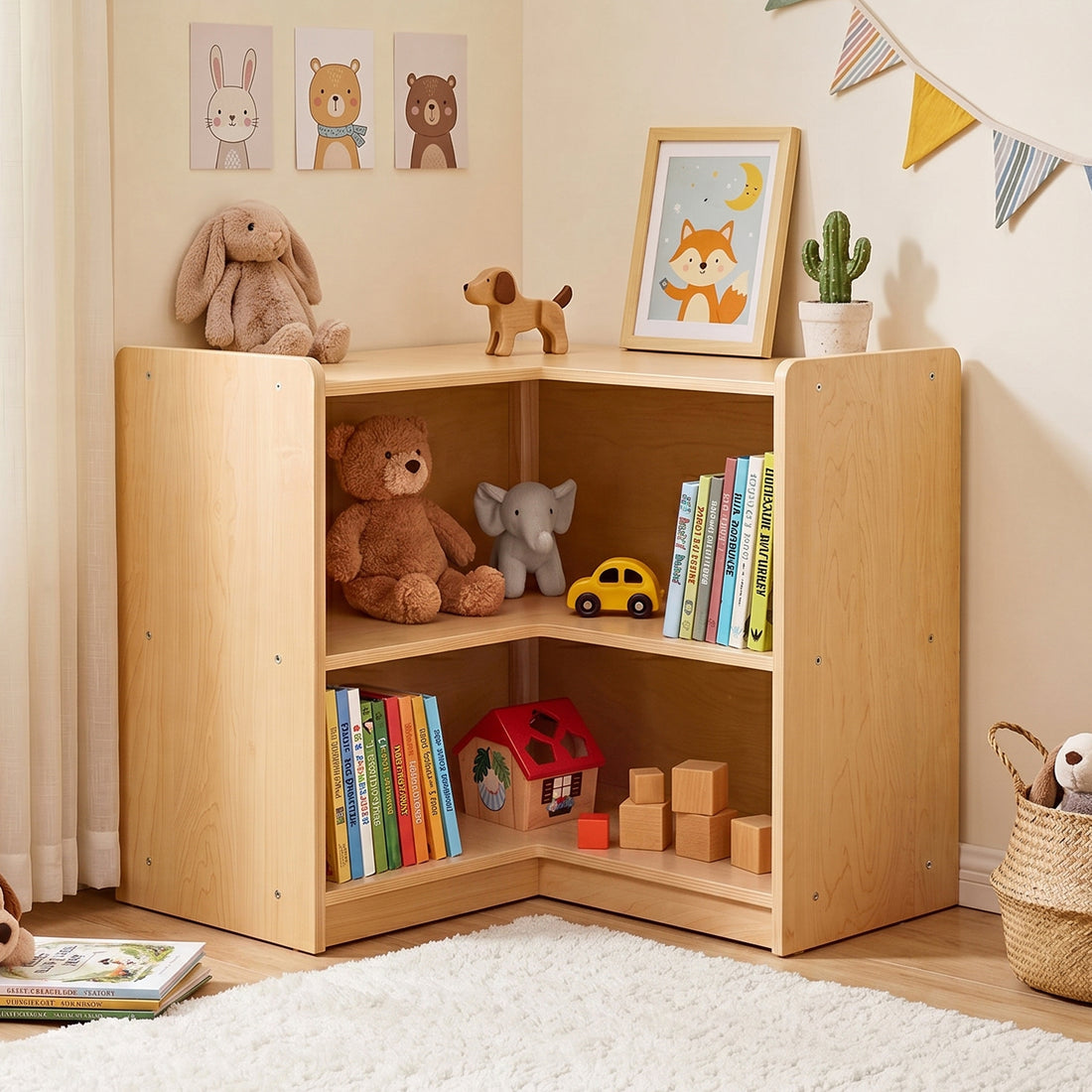 OOOK Plywood L-Shape Montessori Kids Bookshelf for Compact Corner Space