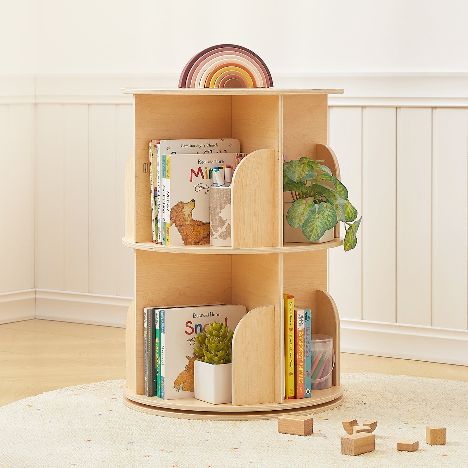 OOOK 2 Tier Rotating Bookshelf, Small Corner Bookshelf Floor Standing