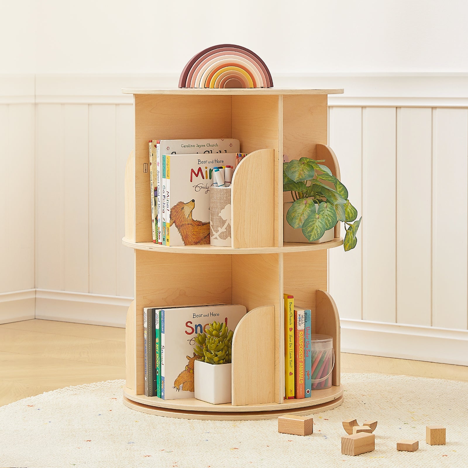 OOOK 2 Tier Rotating Bookshelf, Small Corner Bookshelf Floor Standing
