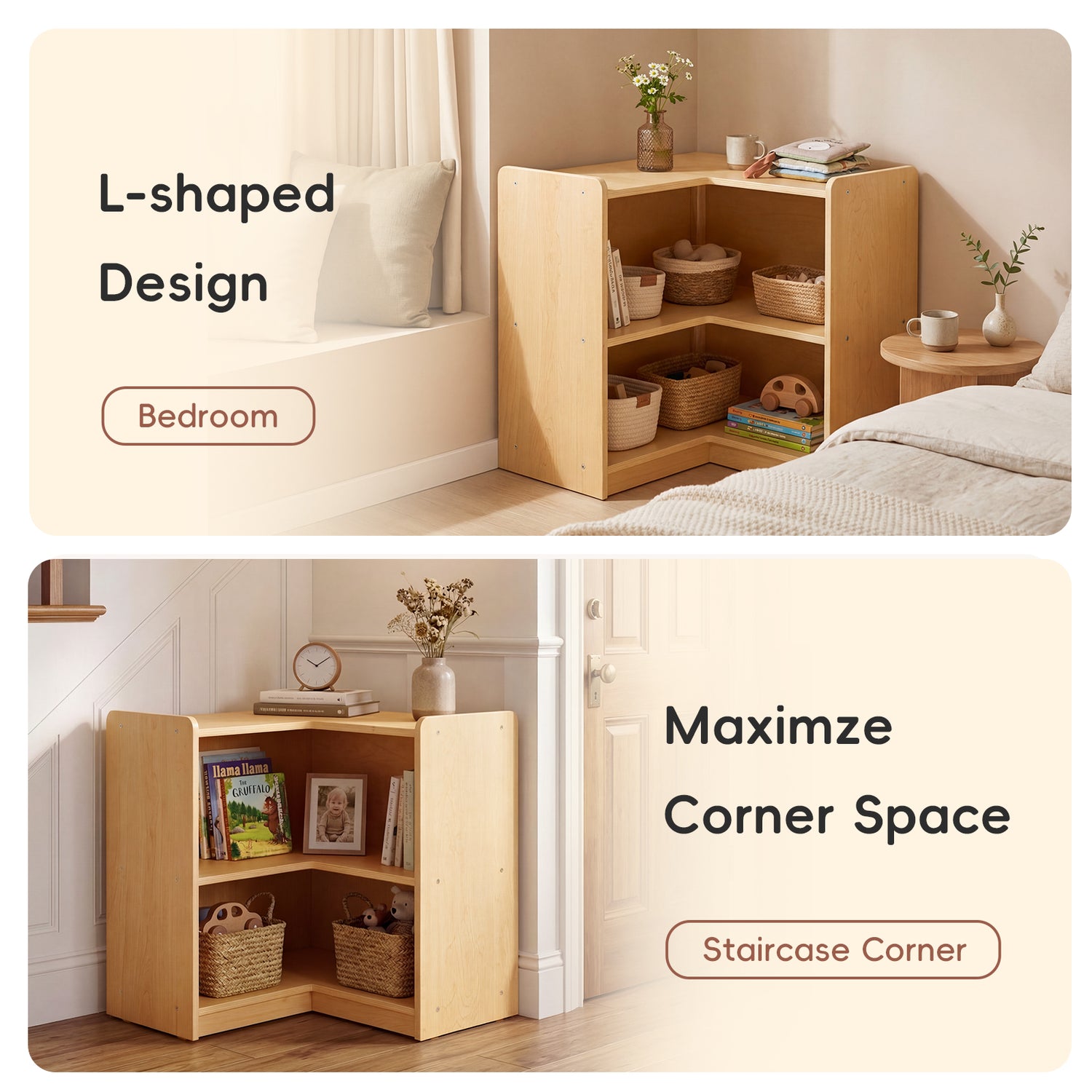 OOOK Plywood L-Shape Montessori Bookshelf for Compact Corner Space