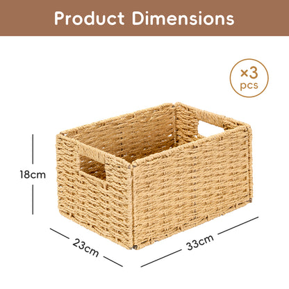 Set of 3 Foldable Wicker Storage Baskets with Handles, Natural Organizer Bins for Shelves