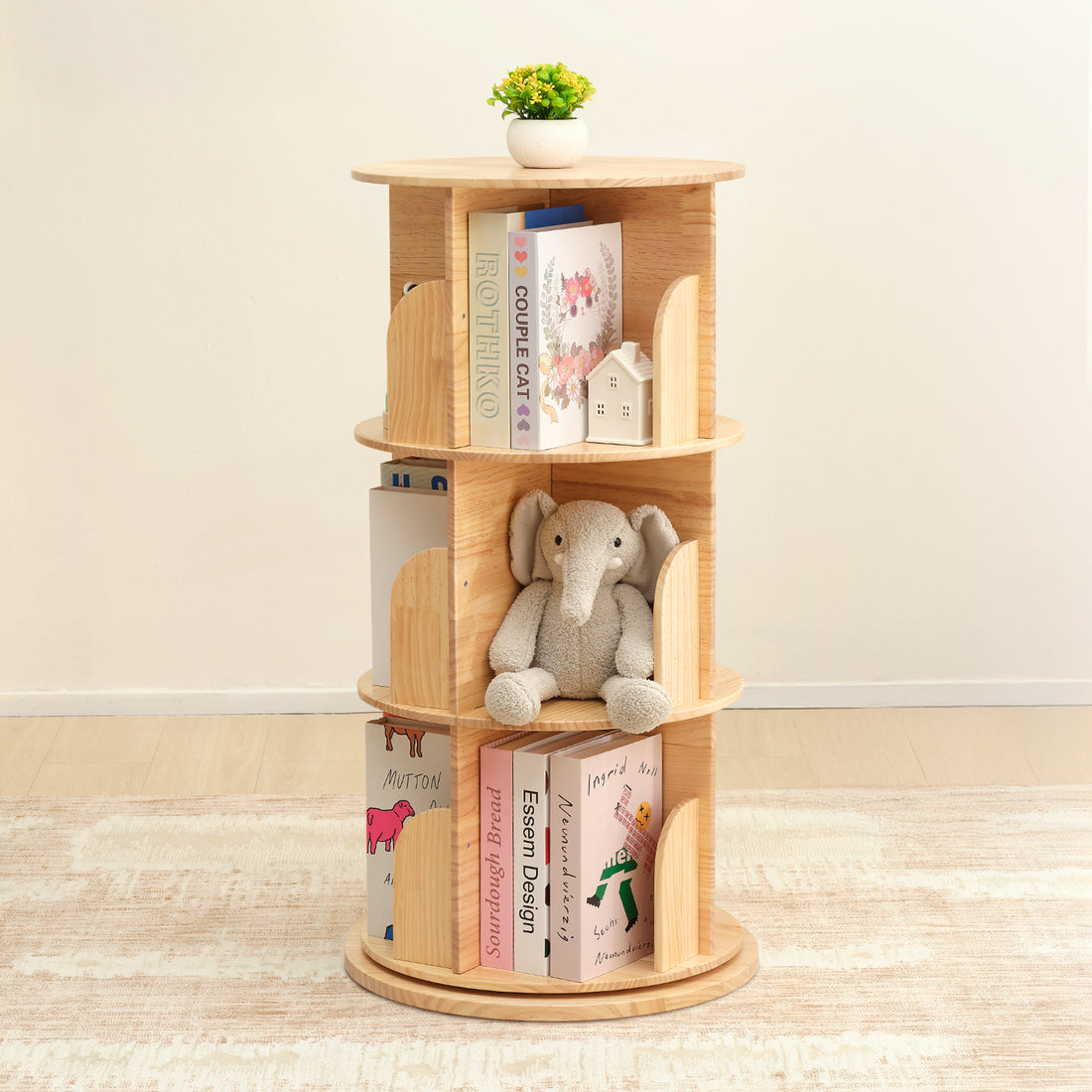 Solid Wood Rotating Bookshelf for Kids