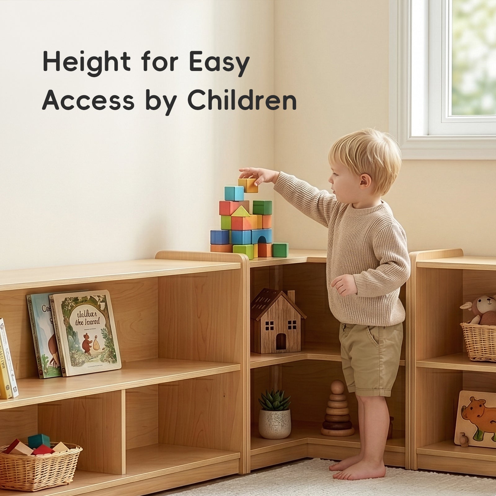 OOOK Plywood L-Shape Montessori Bookshelf for Compact Corner Space