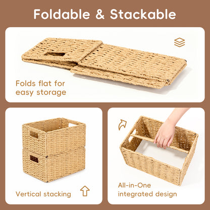Set of 3 Foldable Wicker Storage Baskets with Handles, Natural Organizer Bins for Shelves