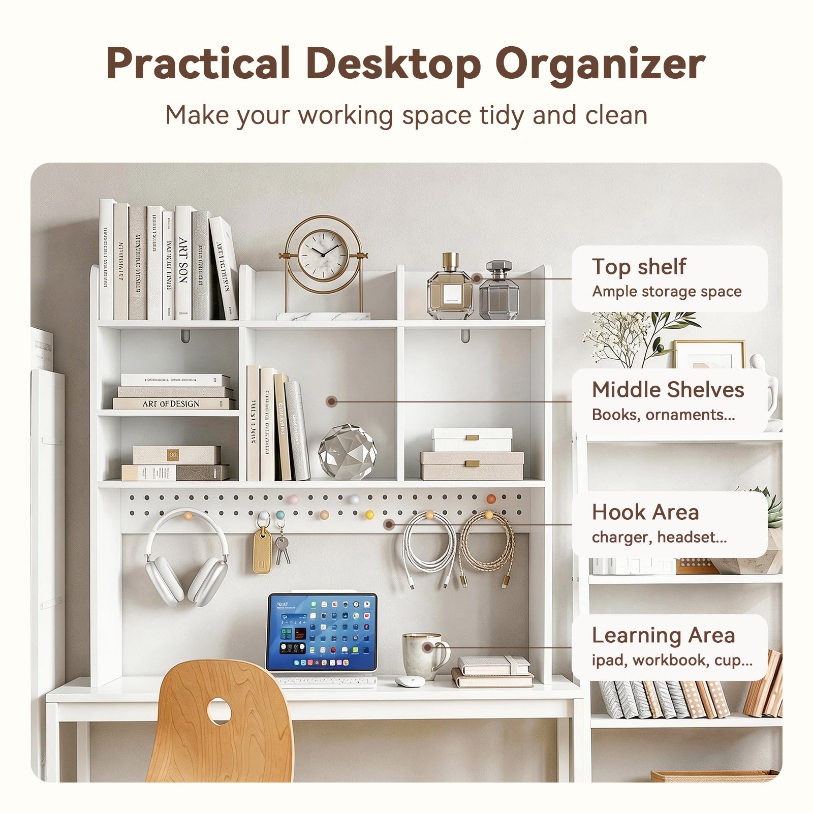 OOOK White Desk Hutch with Pegboard, Dorm Desk Organizer