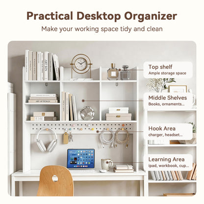 OOOK White Desk Hutch with Pegboard, Dorm Desk Organizer