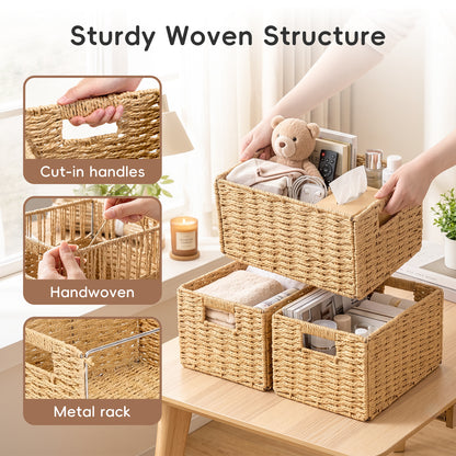 Set of 3 Foldable Wicker Storage Baskets with Handles, Natural Organizer Bins for Shelves