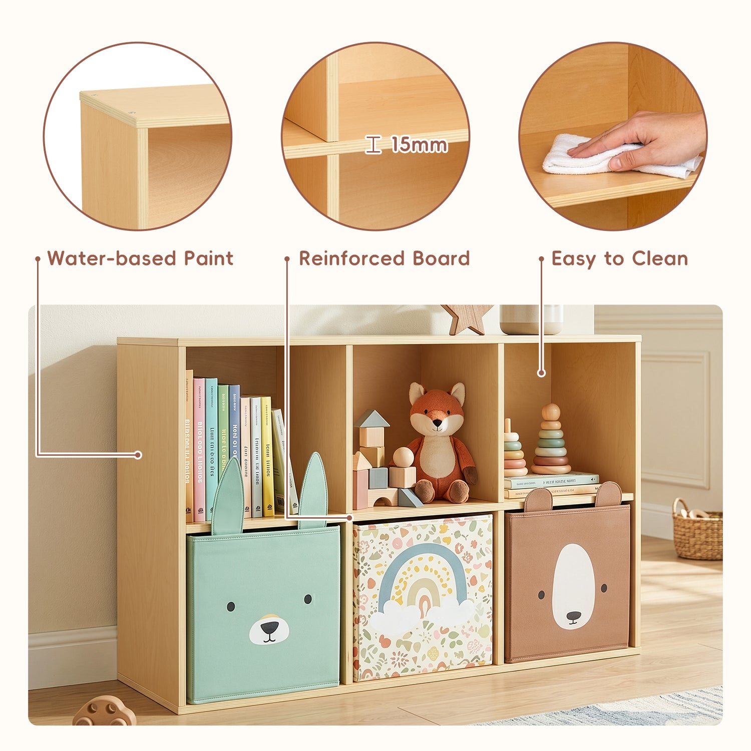 OOOK 6 Cube Plywood Storage Organizer, Horizontal or Vertical Orientation Montessori Bookshelf