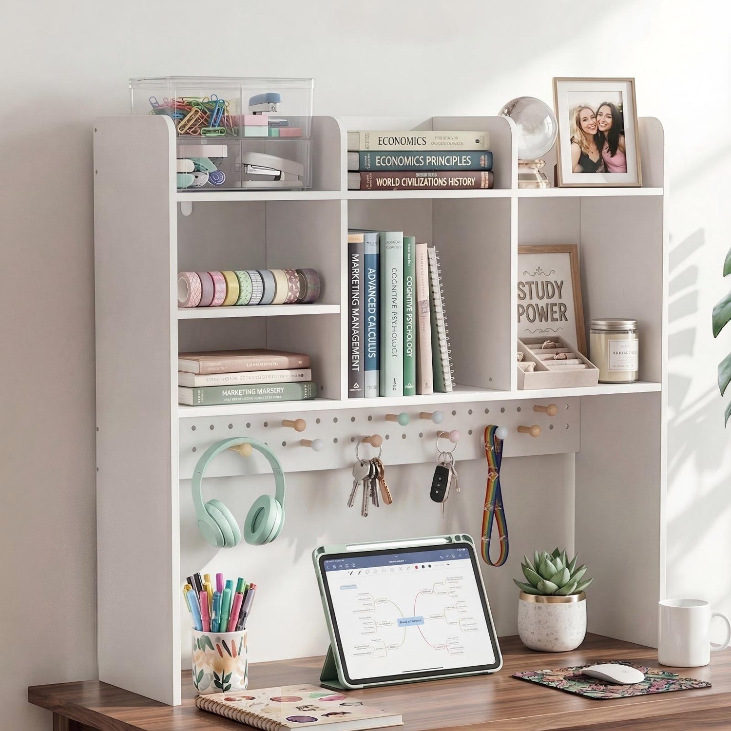 OOOK White Desk Hutch with Pegboard, Dorm Desk Organizer