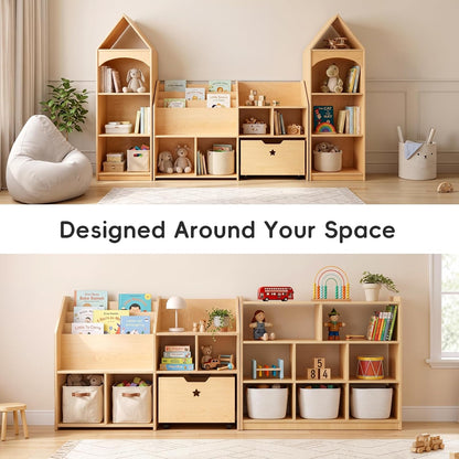 OOOK Plywood Large Montessori Shelf and Toy Storage Organizer with Wood Rolling Bin