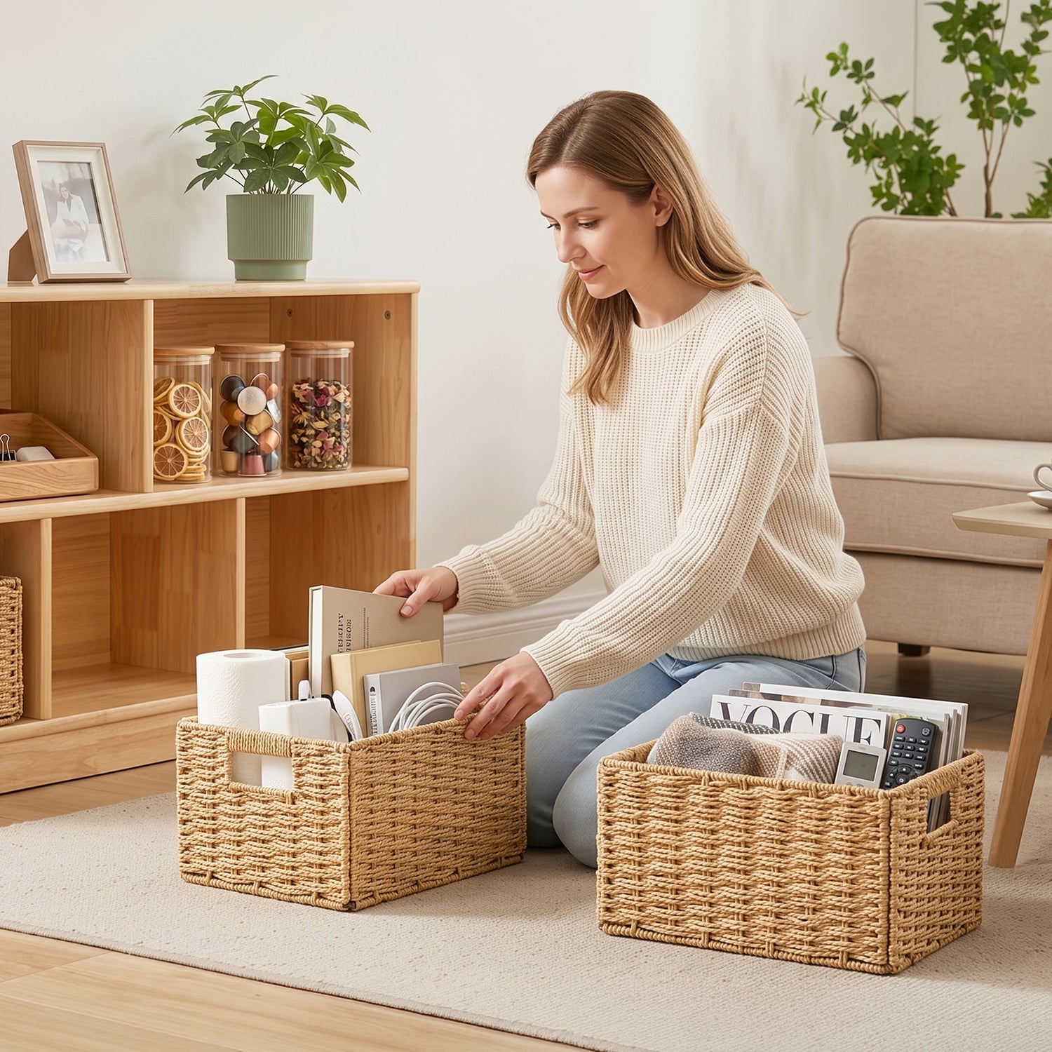 Set of 3 Foldable Wicker Storage Baskets with Handles, Natural Organizer Bins for Shelves