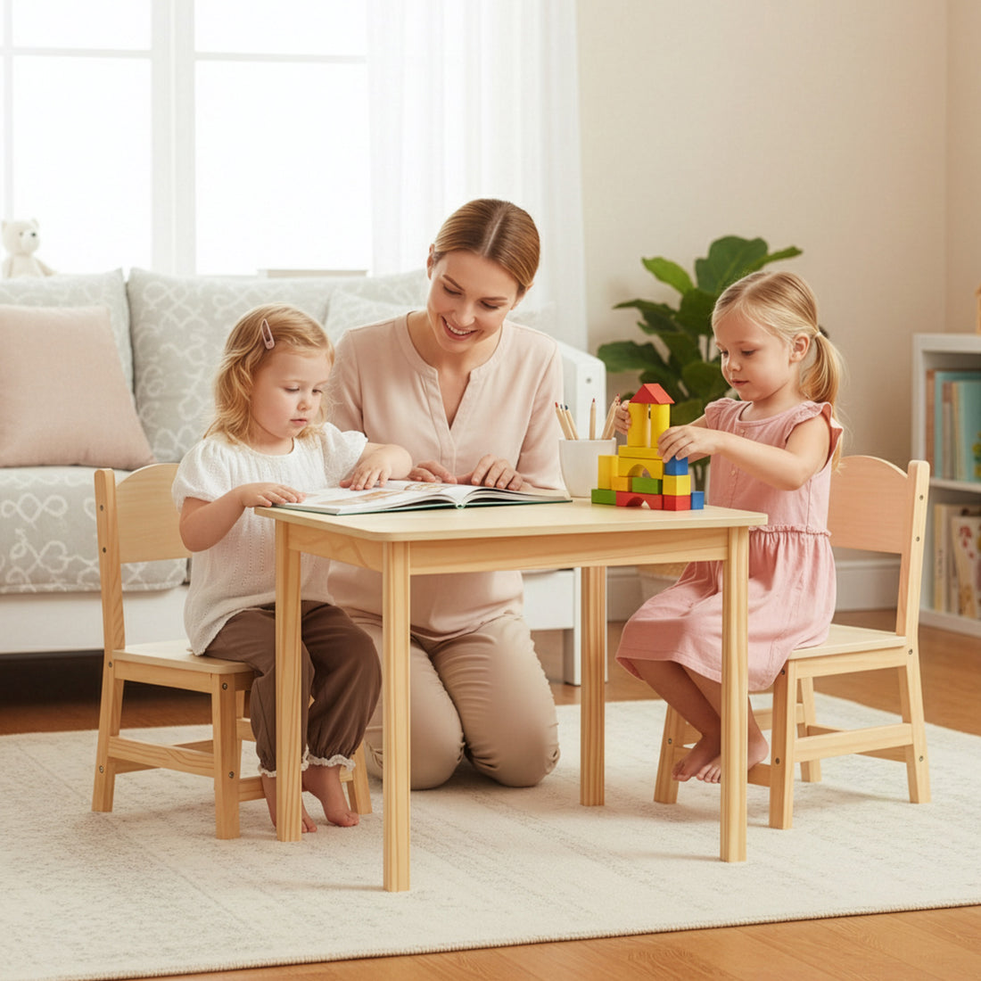 OOOK Wood Kids Table and Chairs Set,Waterproof Desktop