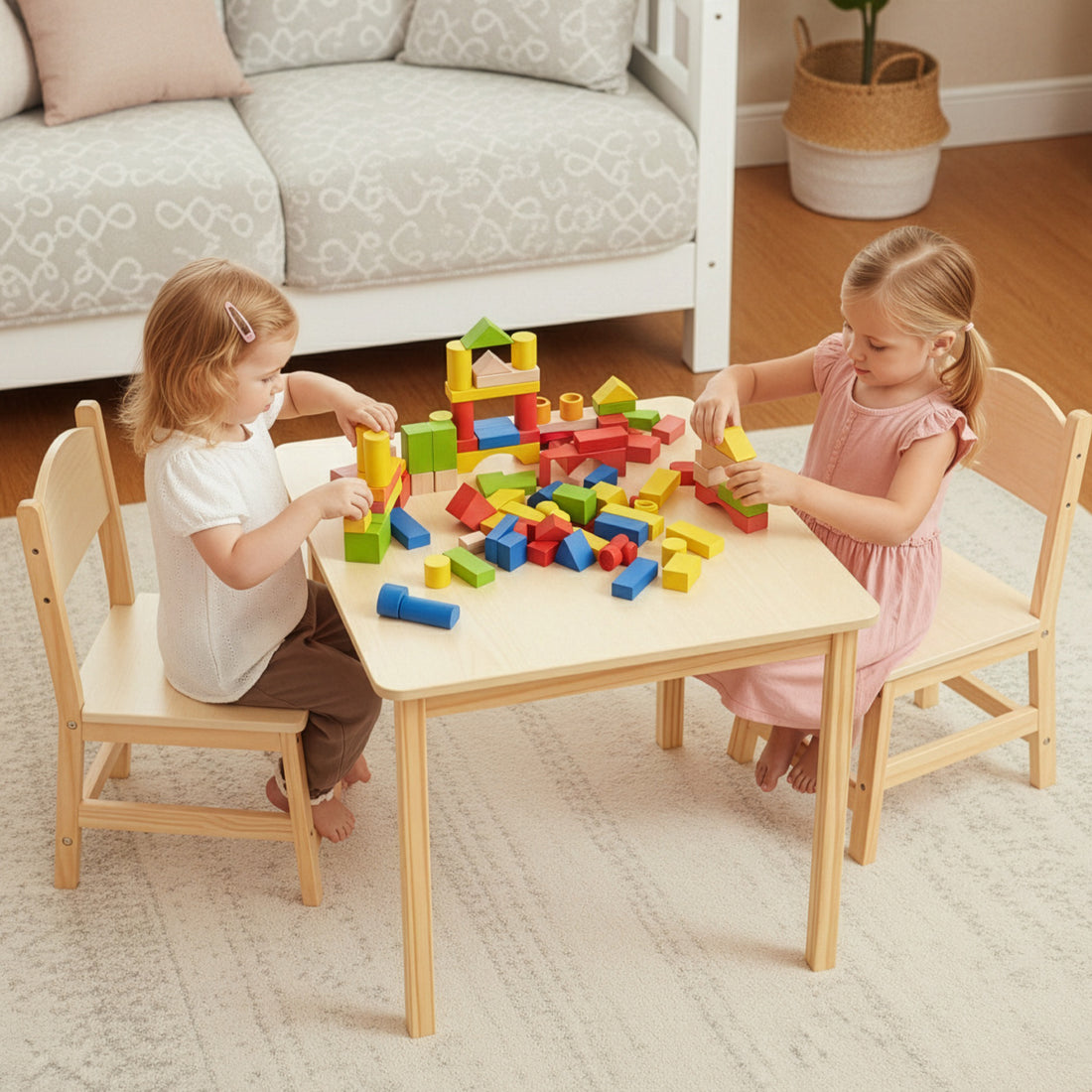 OOOK Wood Kids Table and Chairs Set,Waterproof Desktop