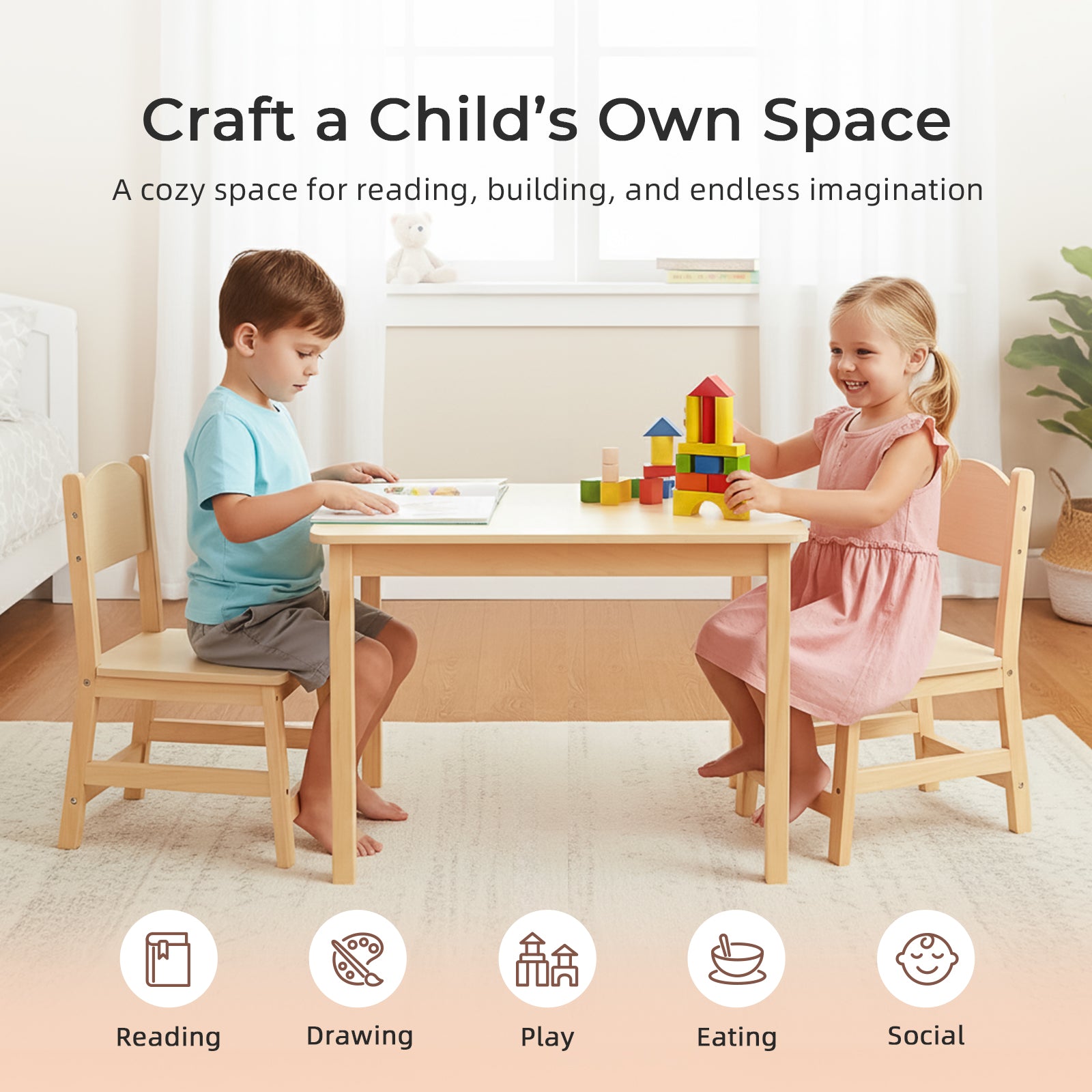 OOOK Wood Kids Table and Chairs Set,Waterproof Desktop