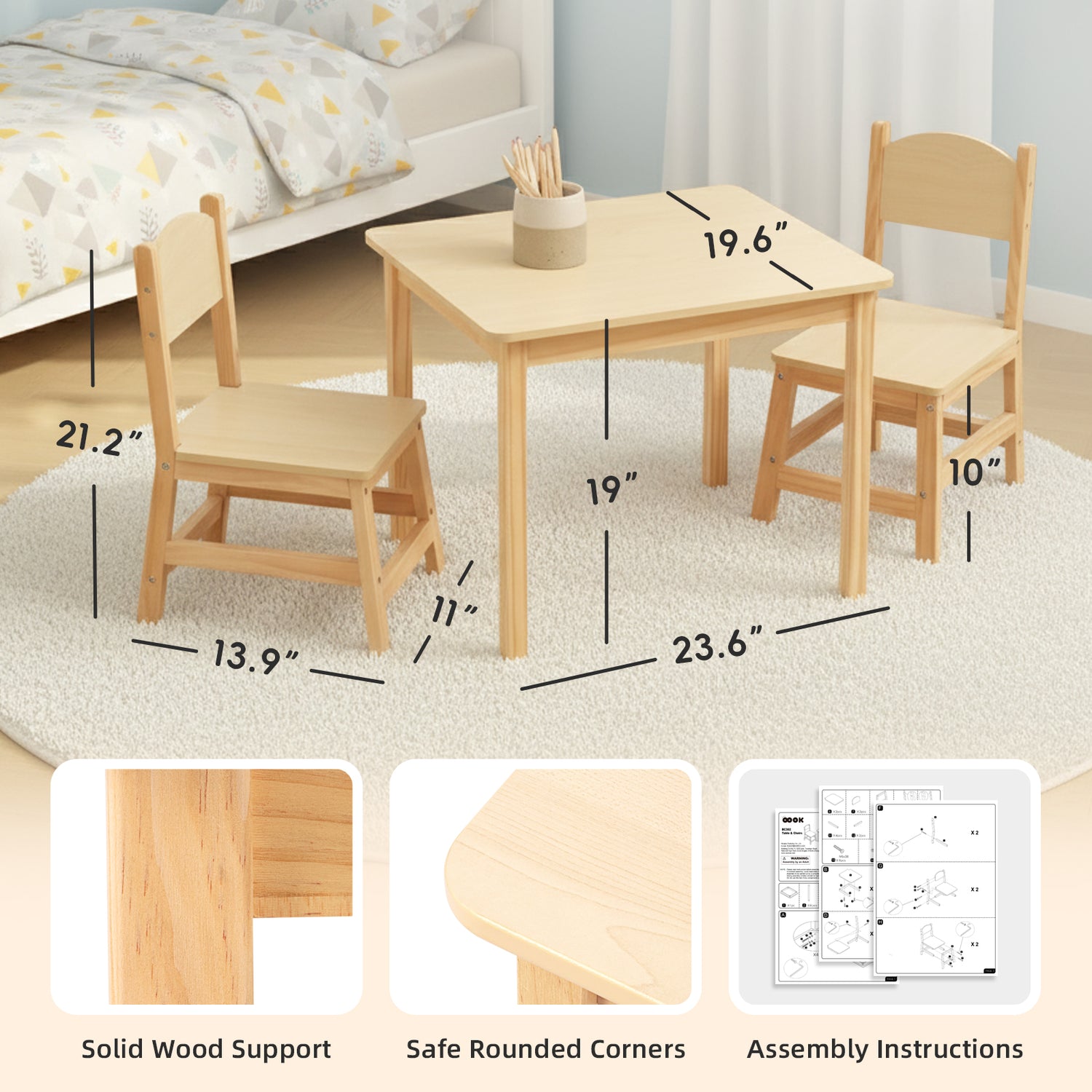 OOOK Wood Kids Table and Chairs Set,Waterproof Desktop