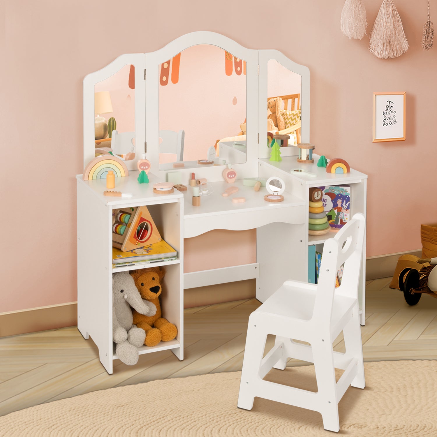 Kids Vanity, 2 in 1 Toddler Vanity for Girls 5-7
