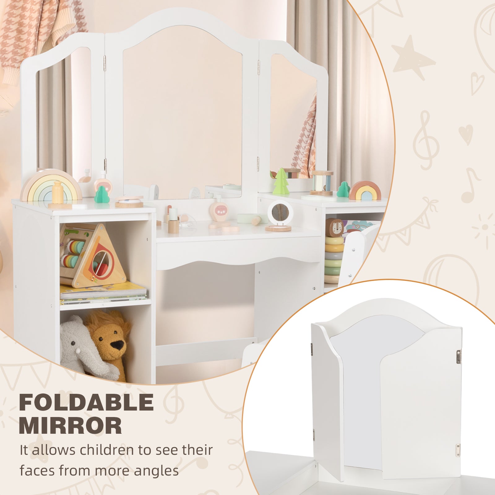 Kids Vanity, 2 in 1 Toddler Vanity for Girls 5-7