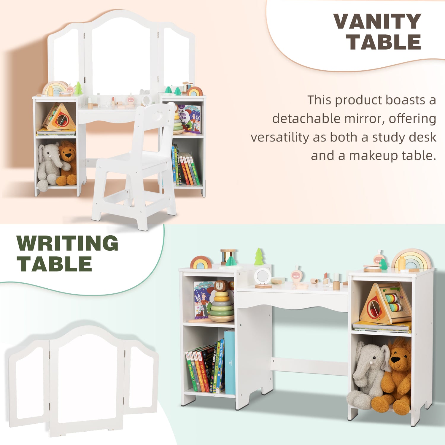 Kids Vanity, 2 in 1 Toddler Vanity for Girls 5-7