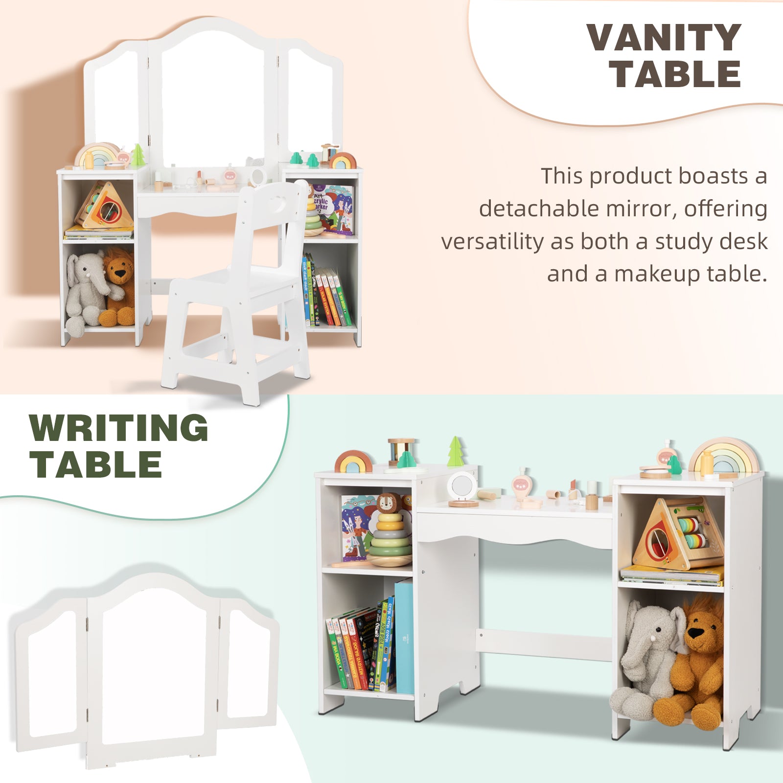 Kids Vanity, 2 in 1 Toddler Vanity for Girls 5-7