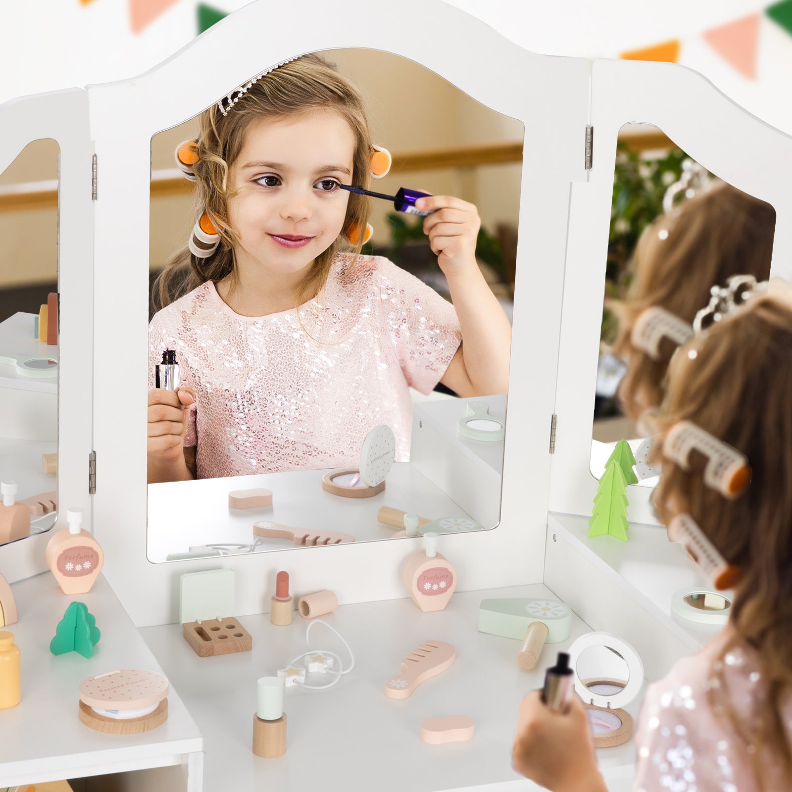 Kids Vanity, 2 in 1 Toddler Vanity for Girls 5-7