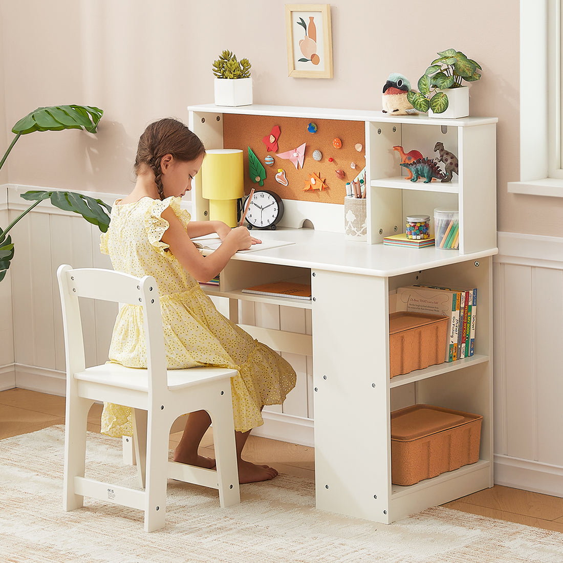 OOOK Kids Desk and Chair Set with Bulletin Board, Kids Study Table and Chair Set