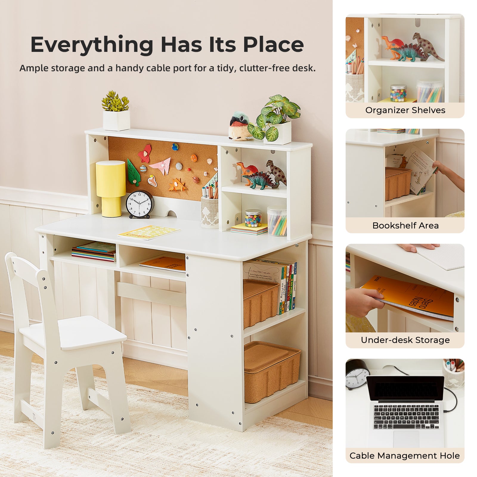 OOOK Kids Desk and Chair Set with Bulletin Board, Kids Study Table and Chair Set