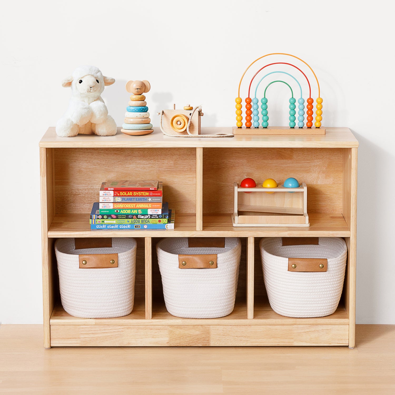 Rubber Wood 5-Compartment Montessori Shelf
